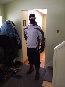 Christian in his Northern NInja attire, getting ready to walk out into the snowstorm